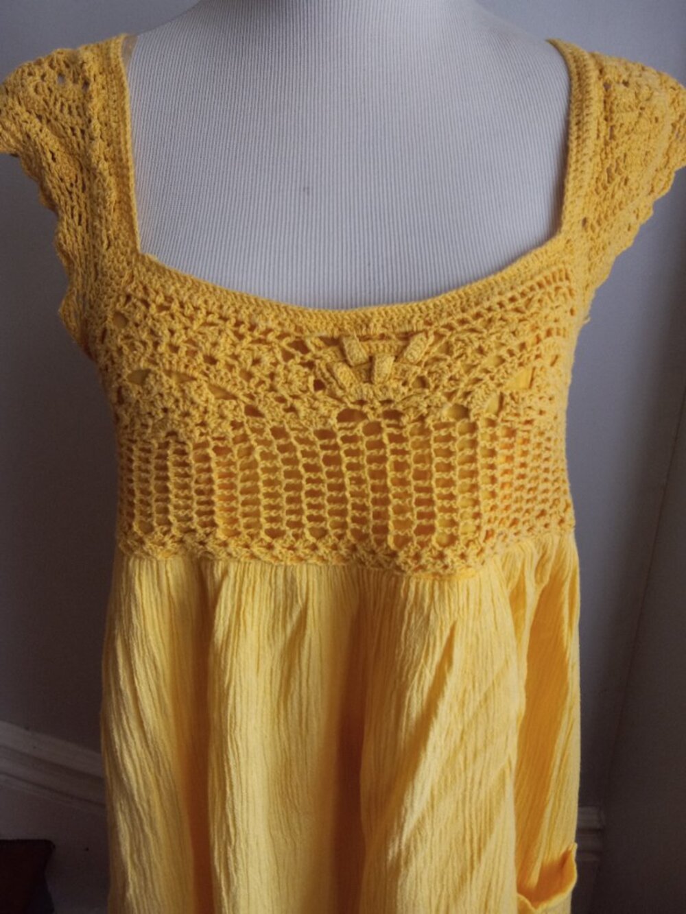 VINTAGE 70S CANDIE'S YELLOW COTTON GAUZE CROCHET DRESS XL L - Picture 4 of 5